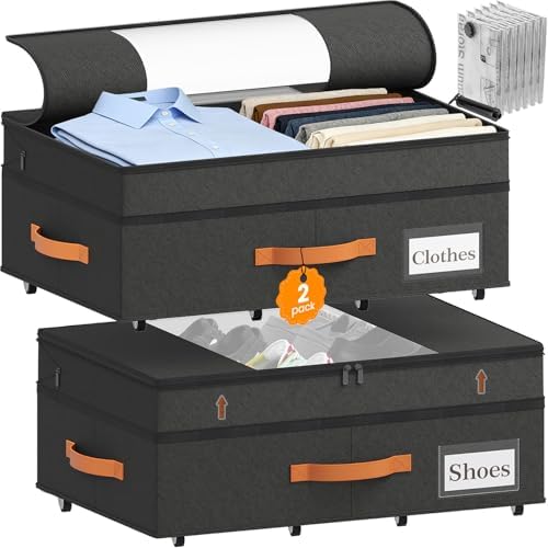 TOSKING 2-Pack Under Bed Storage Drawers with Wheels, 6 Vacuum Bags, Adjustable Height 7.9-10.2", 63L/80 lbs Clear Lid Rolling Bin, 900D Oxford, Space Saver for Dorm Bedroom Clothes Shoes, Black by TOSKINGESSENCE