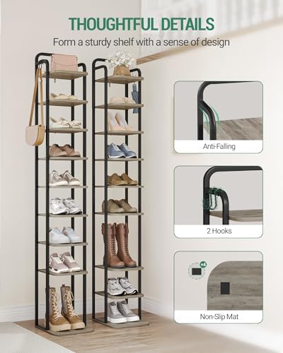 Hzuaneri 10 Tiers Vertical Shoe Rack, Tall Shoe Shelf with 2 Hooks - Image 3