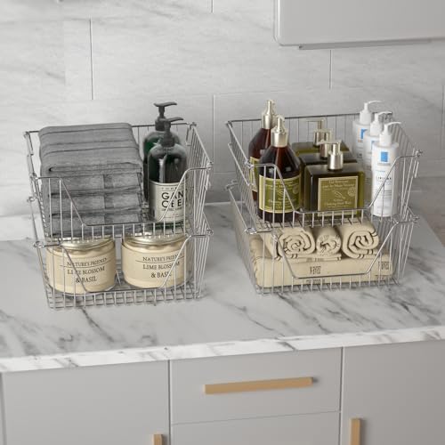 Slideep 14" Large Stackable Storage Baskets, Cabinet Organizer Sturdy Metal Wire Pantry Freezer Bin for Pantry Home Bathroom Kitchen Organization - Set of 8 - Image 5