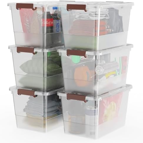 WYT 32 Qt Plastic Clear Storage Bin with Durable Lids and Latching Buckle, 6-Pack Tote Organizing Box Stackable and Nestable by WYT