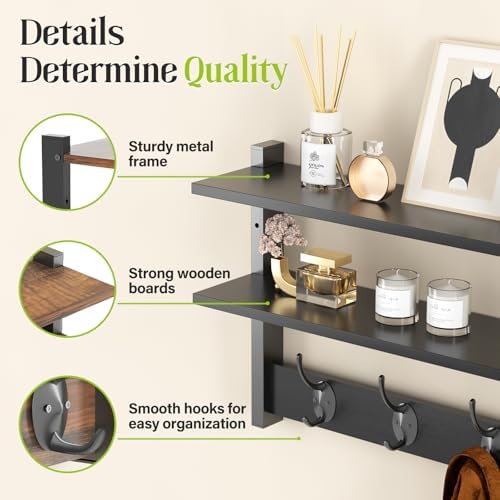 2 Tier Coat Rack Wall Mount with Shelf, 33" Wall Shelf with Hooks, Entryway Key Holder for Wall with 8 Heavy Duty Double Hooks, Coat Hook Wall Mounted for Bedroom, Living Room, Black - Image 2