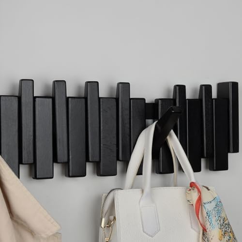Beech Piano Key Coat Rack with 12 Flip Hooks, Black - Image 6