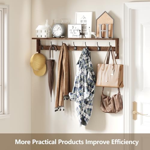 AMBIRD Coat Rack Wall Mount, 35 Inch Extra Long Wall Hooks with Hanging, Wooden Shelf with 7 Metal Hooks 2 Side Hooks, Wall Key Holder with Shelf in Entryway, Kitchen, Bathroom, Living Room, Bedroom - Image 5