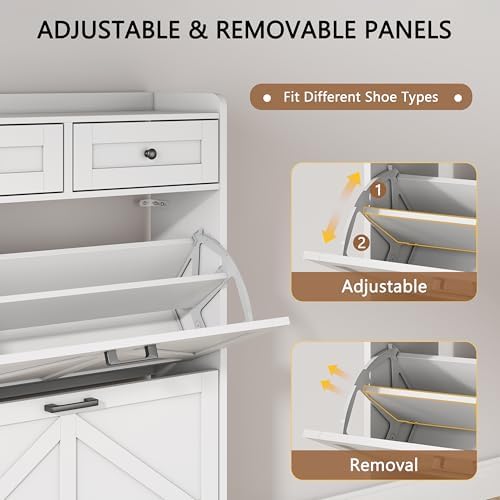 Shoe Cabinet with 2 Flip Drawers & 2 Top Drawers, 43" Tall Freestanding Narrow Wooden Shoe Storage Organizer for Entryway, Hidden Slim Shoe Rack for Front Door Entrance, Hallway, Living Room, White - Image 3