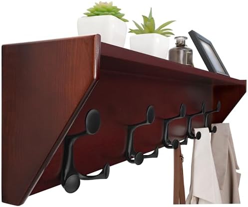 WEBI Wall Shelf with Hooks Underneath,35" Long Wall Mounted Coat Rack with Shelf,Entryway Coat Rack with 5 Triple Hooks for Hanging Coats,Jacket,Hallway,Bedroom,Mudroom,Cherry by WEBI