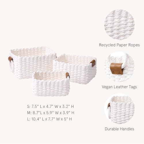 La Jolíe Muse Woven Storage Baskets, Recycled Paper Rope Bin Organizer Divider for Cupboards Drawer Closet Shelf Dresser, Set of 3 (White) - Image 2