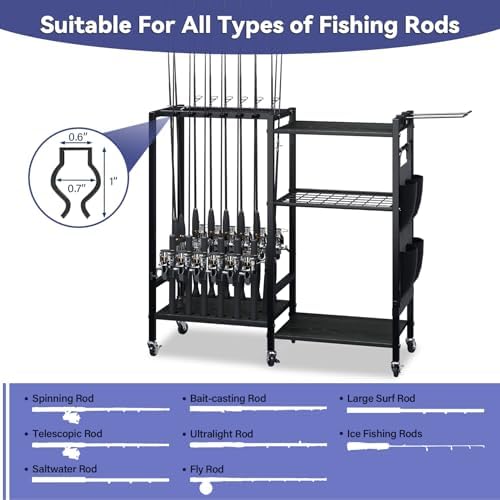 TC-HOMENY 16-Rod Fishing Rod Holder for Garage, Fishing Pole Rack Cart Fit All Fishing Rods, 3 Tier Fishing Tackle Storage Organizer Rack with Storage Bag, For Living Room - Image 3