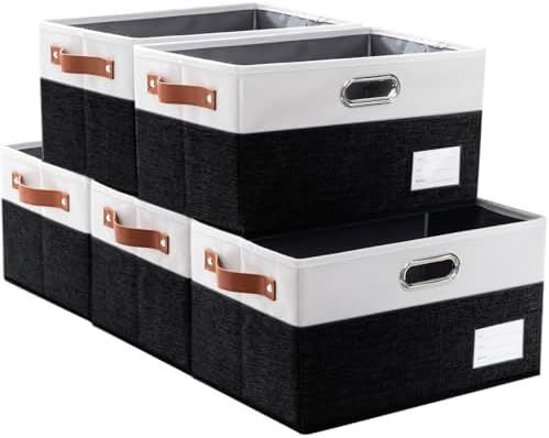 PRANDOM Larger Foldable Storage Bins with Handles [5-Pack] Fabric Collapsible Storage Boxes Baskets Cubes Containers with Handles for Closet Living Room Bedroom (Black & White 17.3x12.2x10.4'') by Prandom