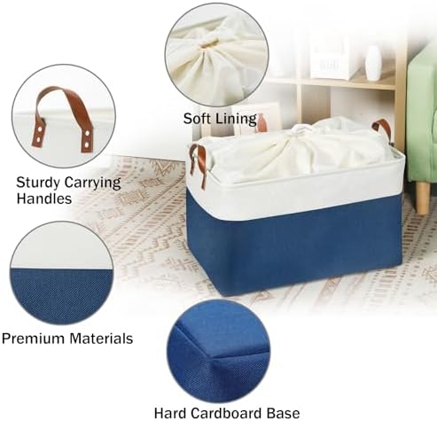 DULLEMELO 2-Pack Extra Large Blanket Basket Fabric Storage Baskets with Handles, Canvas Storage Baskets for Organizing Shelves Closet Toys Books, 22 x 15 x 13 inches(White&Blue) - Image 6