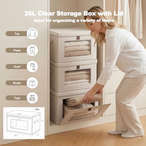 35L Large Closet Organizers and Storage Bins 4-Pack, Collapsible Fabric Storage Boxes with Lids and Handles, Front Opening Wardrobe Container with Clear Window for Clothes, Blankets, Living Room, Dorm - Image 3