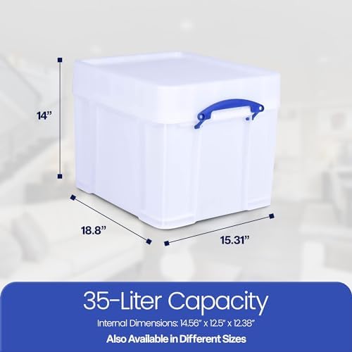 Really Useful Box 35 Liter Plastic Stackable Storage Container with XL Snap Lid & Built-in Clip Lock Handles for Home or Office Organization, White - Image 3