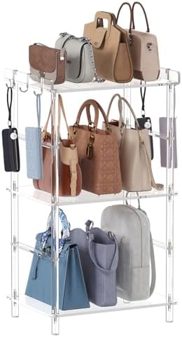 HMYHUM Acrylic 3-Tier Purse Organizer, Floor-Standing Handbag Rack with 6 Side Hooks, Clear Large-Capacity Handbag Holder for Closet by HMYHUM