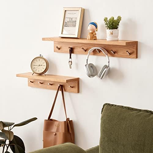 Coat Rack Shelf Wall Mounted Oak Wood Entryway Shelf with 6 Hooks Wall Coat Hook Rack with Floating Shelf for Bedroom, Living Room, Kitchen (Natural, 27.5 inch) - Image 4