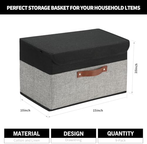 SAMORADREA 8 Pack Linen Foldable Storage Box Containers Fabric Bins with Lids Storage Baskets for Shelves Drawers, Desktop, Closet, Classroom, Office, Bedroom, Home, Garage (Black&Grey) - Image 2