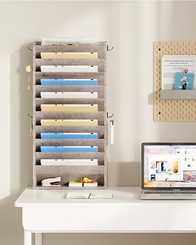 CHOEZON Wall File Organizer, 10-Tier Hanging Mail Organizer, Wall Mount File Holder with 4 Side Hooks, Industrial Mail and Storage Organizer, Wooden Vertical Hanging Holder for Office, Greige MWJ03FH - Image 7