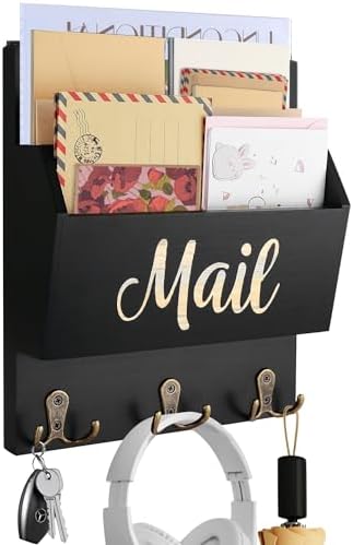 Mail Organizer Wall Mount, Wooden Mail Sorter Wall Mounted with 3 Double Hooks, Mail Letter Holder and Key Holder for Home Entryway Hallway Office Room Wall Decorative by Siondoux