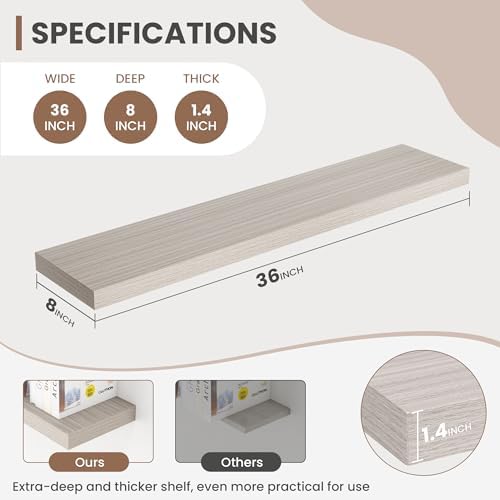 Acovy 36 Inch Floating Shelves, 8 Inch Deep Floating Shelves for Wall, Hanging Shelf with Invisible Brackets, Deep Shelves for Bathroom, Bedroom, Living Room, Grey, Set of 2 - Image 3