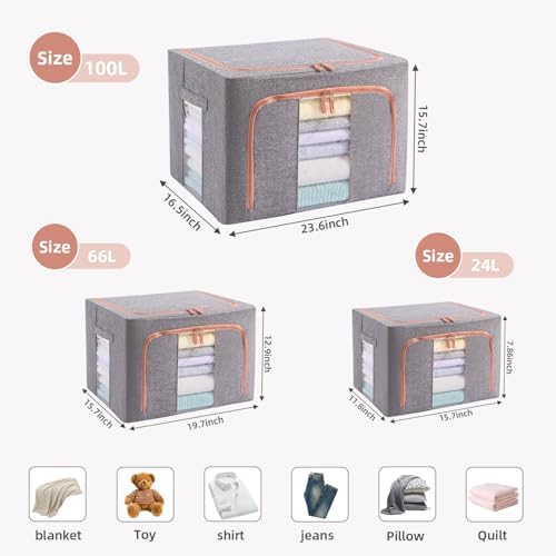 GuliPostan 3 Pack 66L Stackable Clothes Storage Bins with Metal Frame Handles & Zipper, Collapsible Closet Organizer Box with Lid for Bedding Blankets Towel (Grey) - Image 2