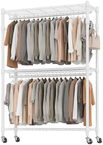 BATHWA Clothes Racks for Hanging Clothes, 25 mm tube Heavy Duty 47.3" W x 17.7" D x 80.7" H Large Wardrobe Rack with Shelves & Wheels Rolling Metal Commercial Multifuctional, White by BATHWA