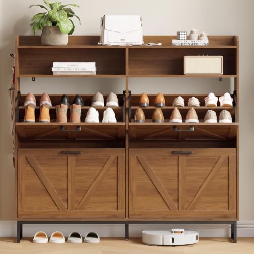 Xixini Shoe Storage Cabinet with 4 Flip Drawers, Entryway Shoe Rack, Walnut - Image 7