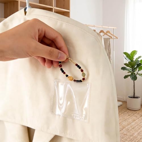 Cotton Shoulder Garment Bags with 2" Gusset, Breathable Clothes Dust Covers with Clear PVC Pocket, Reusable Washable Protectors for Suit, Coat, Dress, Closet Storage & Travel (4 Pake) - Image 4