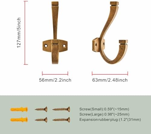 CHIVS （5 Pack Coat and Hat Wall Hooks Double Hooks for Hanging ，Antique Brass Towel Hooks，Wall Mount ，Hanger Backpack, Purse, Bag, Towel Organization Decorative Wall Hooks - Image 2