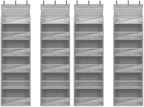 Over Door Organizer with 6 Extra Large Pockets 12 Side Pockets, Sturdy Closet Storage Rack, Hanging Storage Organizer with Clear Window for Shoes, Diaper, Bedroom, Bathroom, Grey, 4-Pack by Unknown