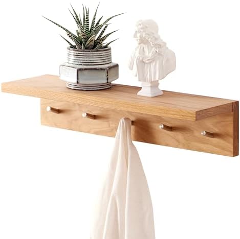 Coat Rack Shelf Wall Mounted Oak Wood Entryway Shelf with 5 Hooks Wall Coat Hook Rack with Floating Shelf for Bedroom, Living Room, Kitchen (Natural,20 inch) by TRWISWDC