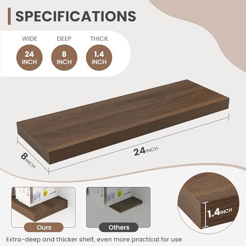 Acovy 24 Inch Floating Shelves, 8 Inch Deep Floating Shelves for Wall, Hanging Shelf with Invisible Brackets, Deep Shelves for Bathroom, Bedroom, Living Room, Walnut, Set of 2 - Image 3