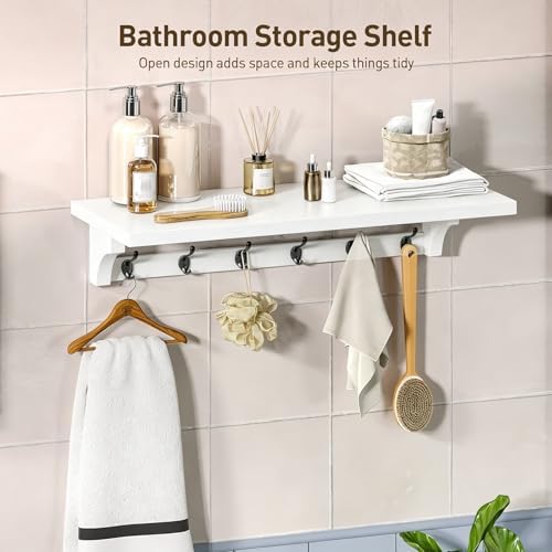 RALGEND 29" Long Coat Rack Wall Mount Shelf, Entryway Wall Shelf with 6 Metal Hooks, Coat Hangers for Living Room, Modern Wooden Floating Shelves for Bathroom, Bedroom, Kitchen, White 7401BJR1WT - Image 4