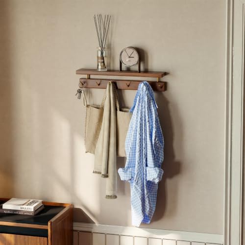 Walnut Wall Hooks with Shelf, Coat Rack Wall Mount, Entryway Hanging Shelf with 6 Brass Hooks for Hats, Clothes, Towels, Bags, Black Walnut Wood, Walnut by Wayshome