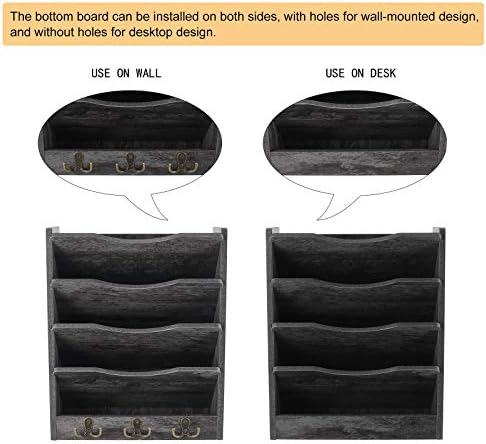 PAG-Mass 5-Tier Wall File Holder Hanging Mail Organizer Wood Magazine Literature Rack with 6 Hooks, Dark Gray - Image 4