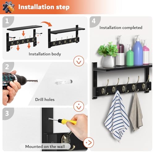 Oraich Wall Hooks with Shelf, Coat Rack Wall Mount with Hooks for Coat Backpack Key Clothes Hanger, Wall Floating Shelf Hanging in Entryway, Living Room, Bathroom, Kitchen(Black Brown & Black) - Image 6