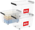Cetomo 80L*3 Plastic Storage Bins, Storage Box, 3 Pack, Organizing Container with Wheels, Durable Lids and Secure Latching Buckles, Stackable and Nestable, Clear with Black Buckle by Cetomo