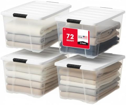 IRIS USA 72 Qt Storage Bins with Lids, 4 Pack, BPA-Free, Clear/White by IRISUSA