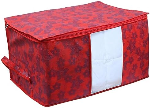 Kuber Industries Foldable Underbed Storage Bag|Organizer For Clothes Large|Non-Woven Comforter, Blanket Cover|Metalic Print & Side Handle|Pack of 12 (Red) - Image 3