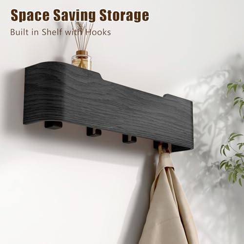 Coat Rack Wall Mount with Hidden Hooks, Wall Hooks with Shelf, Wall Key Holder Mount Wooden Shelf Entryway Hooks for Bedroom Bathroom for Hanging Coats Hats Bags Towels (Black, 4 Hooks) - Image 2