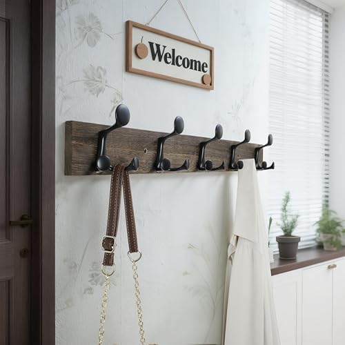 WEBI Coat Rack Wall Mount,30" Solid Wood Coat Hooks Wall Mounted Coat Hanger,16" Hole to Hole,Heavy Duty Hook Rack Rail,5 Triple Hooks for Hanging Coats,Jacket,Clothes,Hat,Weathered Brown,2 Packs - Image 2