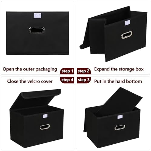 STOREONE Fabric Storage Cube Bins Foldable Organizer Container Collapsible Basket with Lids and Metal Handles, for Home, Bedroom, Closet 8 Pcs (Black) - Image 6