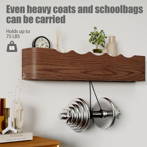 Coat Rack Wall Mount with Shelf 5 Hidden Hooks Modern Wooden Key Holder Entryway Organizer for Hallway Bedroom Bathroom Home Decor Storage for Hanging Coats Hats Bags Towels, Wave-Shape Walnut - Image 4
