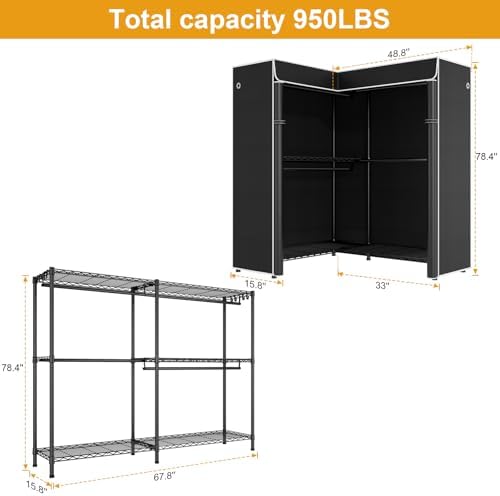 ULIFHOME E15C Pro Garment Rack L Shaped Clothes Rack for Corner，Freestanding Clothing Racks for Hanging Clothes，Heavy Duty Closet System 48.8"W x 15.8"D x 78.4"H，Black Rack with Black Dustproof Cover - Image 3