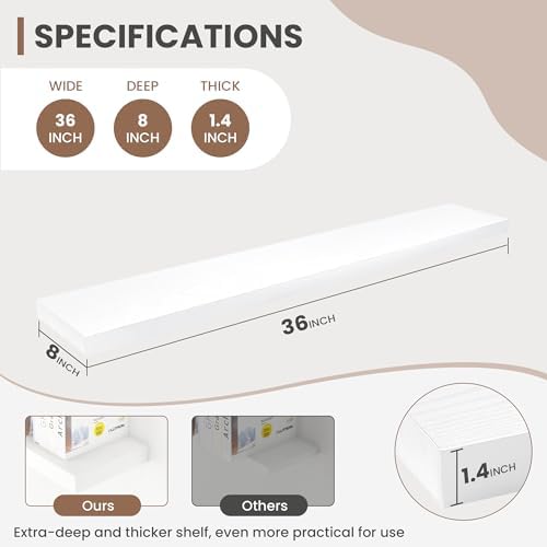 Acovy 36 Inch Floating Shelves, 8 Inch Deep Floating Shelves for Wall, Hanging Shelf with Invisible Brackets, Deep Shelves for Bathroom, Bedroom, Living Room, White, Set of 2 - Image 3