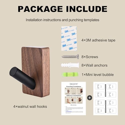 8 Pack Wooden Wall Hooks for Hanging, Adhesive Mounted & Wall Mounted Boho Decorative Walnut Wood Coat Hooks for Towel Clothes Blanket Hat Backpack Robe Nursery Door Board Entryway Key Holder - Image 7