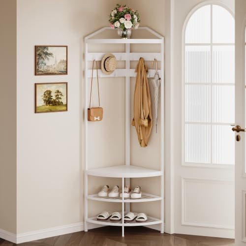 GiftGo Corner Hall Tree with Shoe Bench Entryway Coat Rack with 10 Metal Movable Hooks Freestanding Clothes Rack Shoes Shelf Organizer for Home Office Bedroom (White) - Image 4