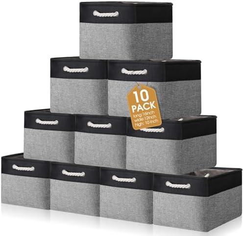 FoldTier 10 Pack Large Collapsible Fabric Storage Baskets with Handles Decorative Storage Bins for Organizing Shelves Toys Clothes(Black & Gray,16 x 12 x 10 Inches) by FoldTier