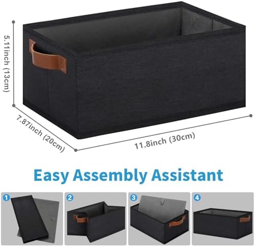 GhvyenntteS Small Fabric Storage Bins 12 Pack, 11.8" x 7.87" x 5.11" Storage Basket with Leather Handles, Closet Storage Bins for Shelves, Storage Baskets for Shelves, DVD Storage (Black) - Image 2