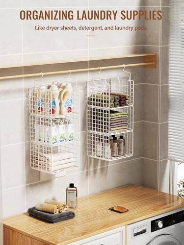 6 Tier Closet Hanging Organizer, Metal Closet Organizers and Storage with 4 Hanging Hooks 4 S-Hooks for Wardrobe Laundry Room, Wire Storage Shelf for Clothes Sweaters Pants (White) - Image 6