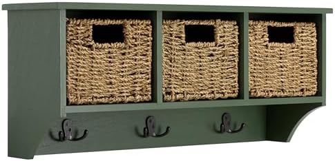 SAFAVIEH Home Collection - Finley Dusty Green Wall Mounted 3-Basket Storage Rack with Hooks & Seagrass Baskets (HAC5700G) - Image 6