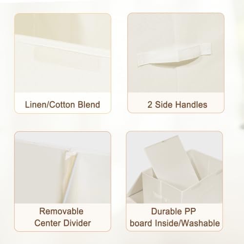 2 Pack Large Storage Boxes with Lids and Handles, Collapsible Linen Storage Bins Organizer Containers Baskets Cube with Removable Divider for Home Bedroom Closet Office (Cream, XL) - Image 2