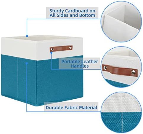 Temary Cube Storage Bins Storage Cube Bins for Home, 4 Pack Fabric Storage Bins for Organization, Storage Cubes 13x13 Cube Baskets with Leather Handles (White&Teal) - Image 3